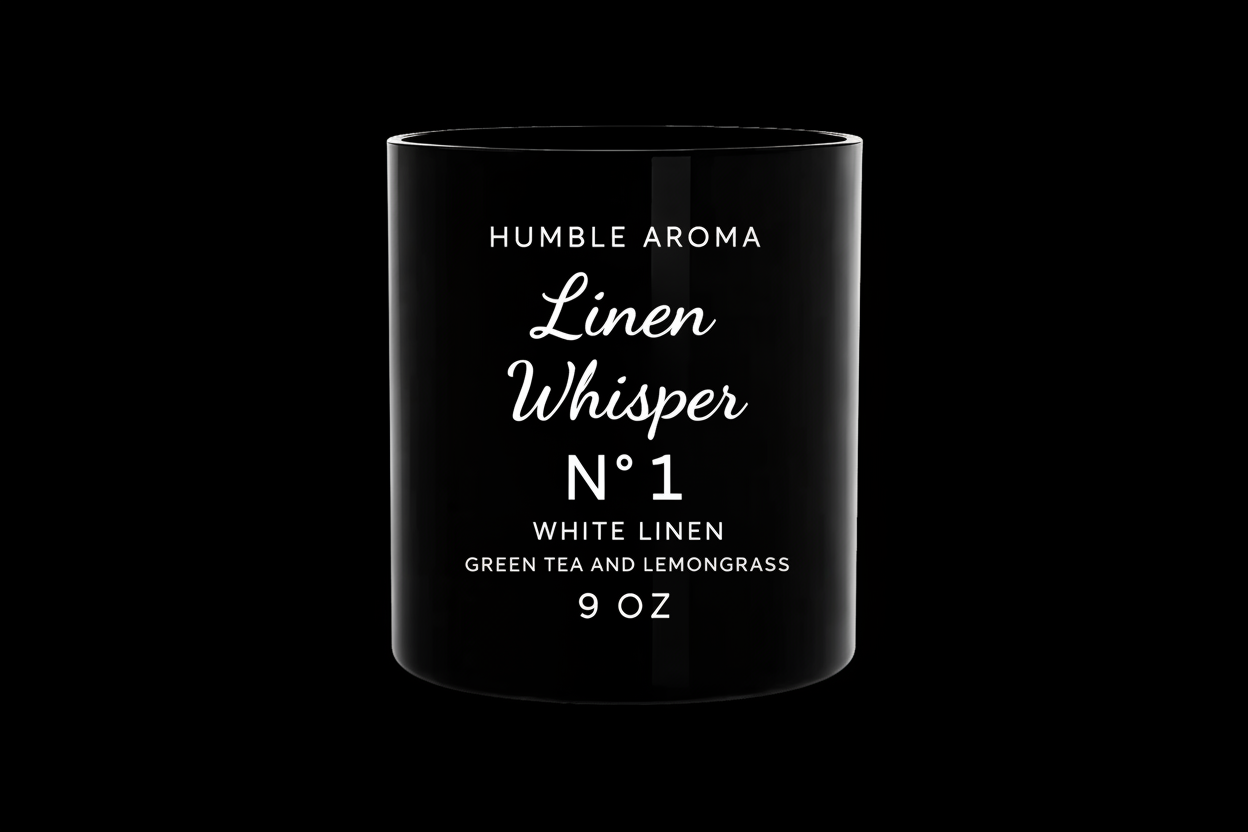 Black candle container with white text displaying product details on a white background