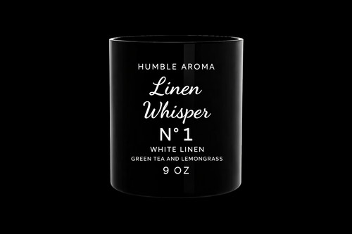 Black candle container with white text displaying product details on a white background