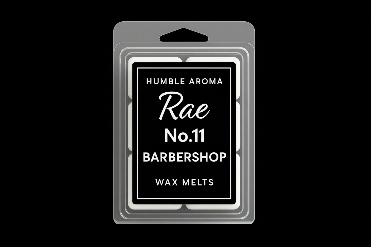 Humble Aroma Rae No.11 Barbershop wax melts packaging on a white background