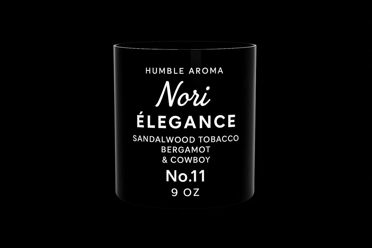 Black candle container with white text displaying product details on a white background