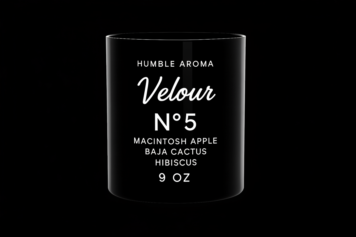 Black candle container with white text displaying product details on a white background